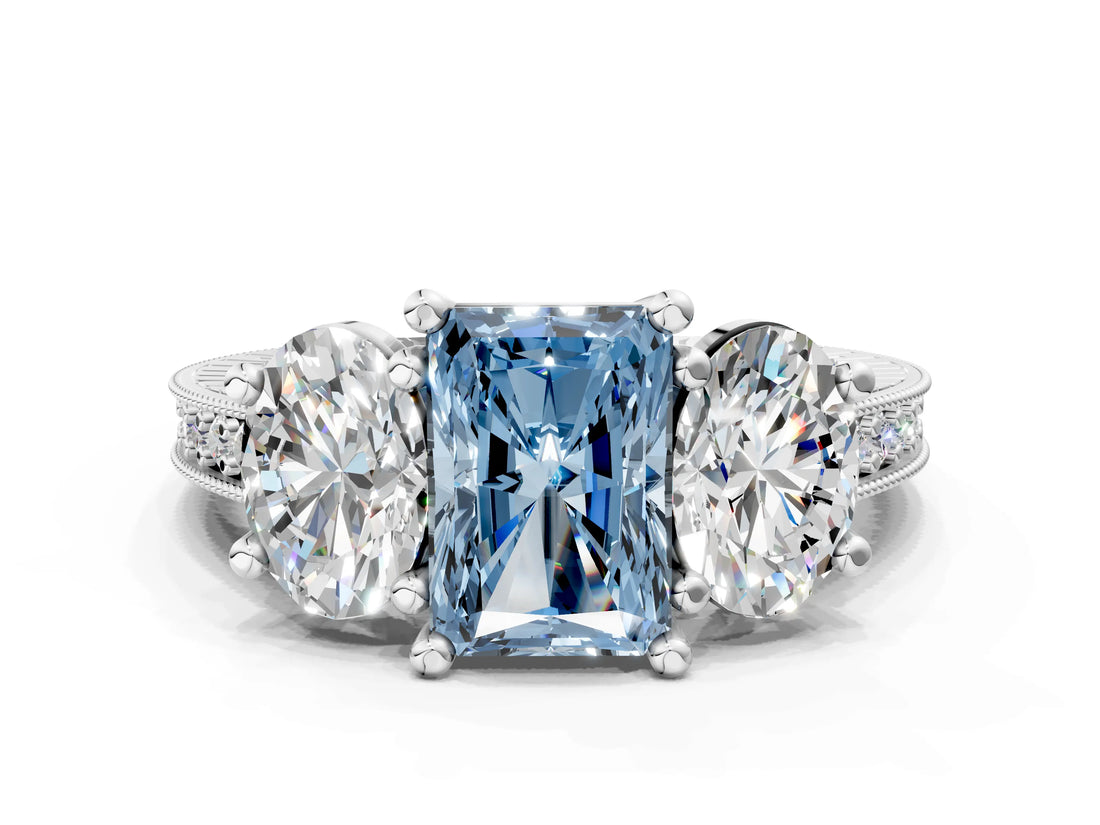 Silver Three-Stone Fancy Blue Radiant  Diamond Milgrain Pave Band with Prong Setting 1