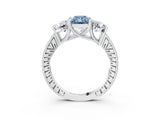 Silver Three-Stone Fancy Blue Radiant  Diamond Milgrain Pave Band with Prong Setting 4