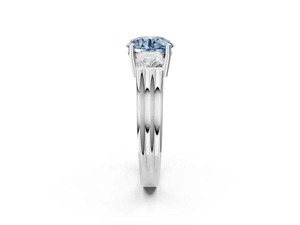 Silver Three-Stone Fancy Blue Round Cut Classic Band Prong Setting Ring