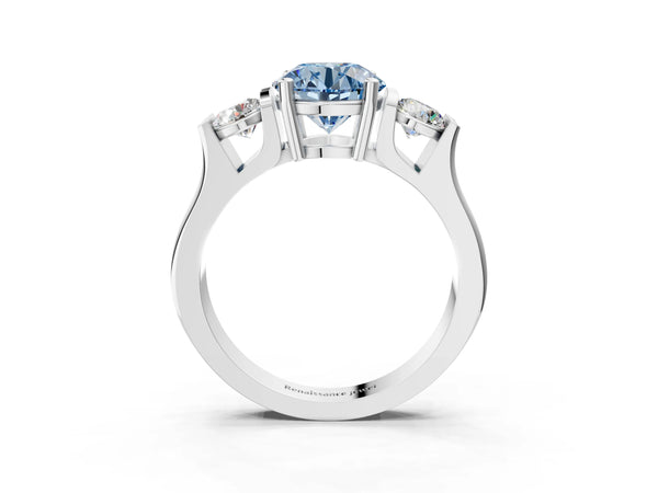 Silver Three-Stone Fancy Blue Round Cut Classic Band Prong Setting Ring