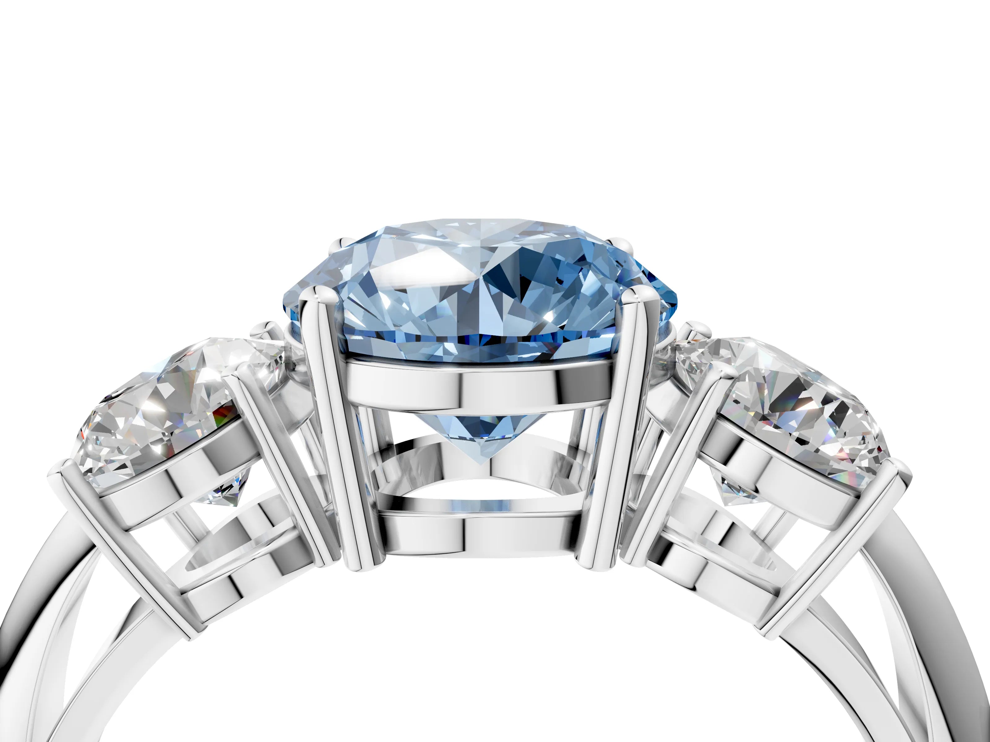 Silver Three-Stone Fancy Blue Round Cut Cut Diamond Engagement Ring with Prong Setting on a White Gold Band_46