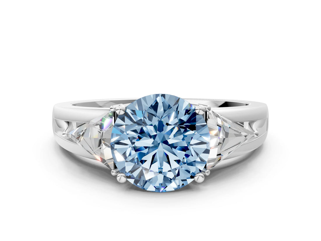 Silver Three-Stone Fancy Blue Round Cut Cut Diamond Ring with Trillion Side Stones on a Split Shank Band_30