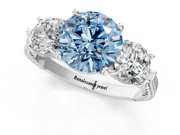 Sterling Silver Round Vintage Three Stone Engagement Ring Setting for Fancy Blue Center