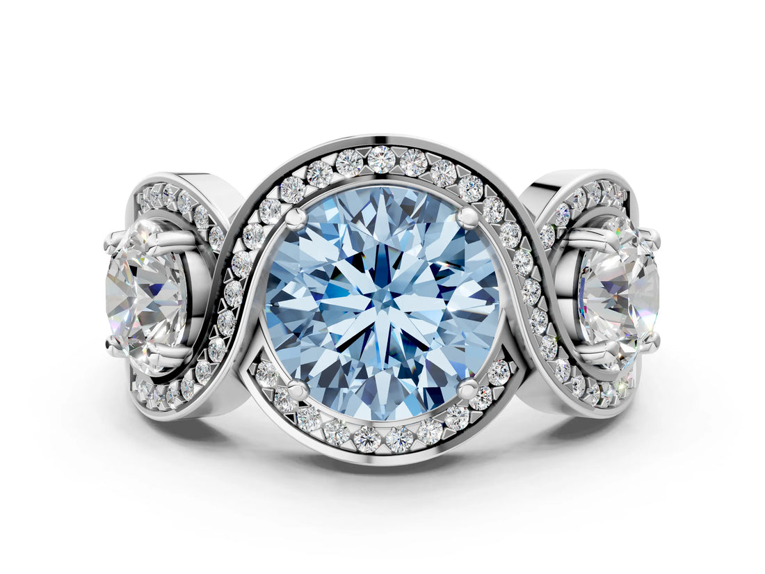 Silver Three-Stone Fancy Blue Round Cut Diamond Wave Pave Band with Prong Setting_6