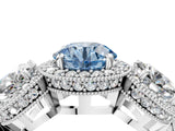 Silver Three-Stone Fancy Blue Round Cut Halo Diamond Milgrain Band with Four-Prong Setting_16