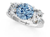 Silver Three-Stone Fancy Blue Round  Diamond Milgrain Pave Band with Prong Setting 1