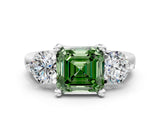 Silver Three-Stone Fancy Green Asscher  Brilliant Cut Solitaire Ring with Prong Setting on a Classic Band