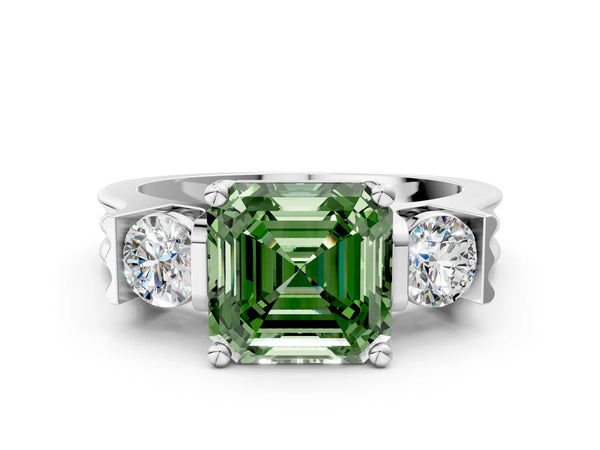 Silver Three-Stone Fancy Green Asscher Cut Classic Band Prong Setting Ring