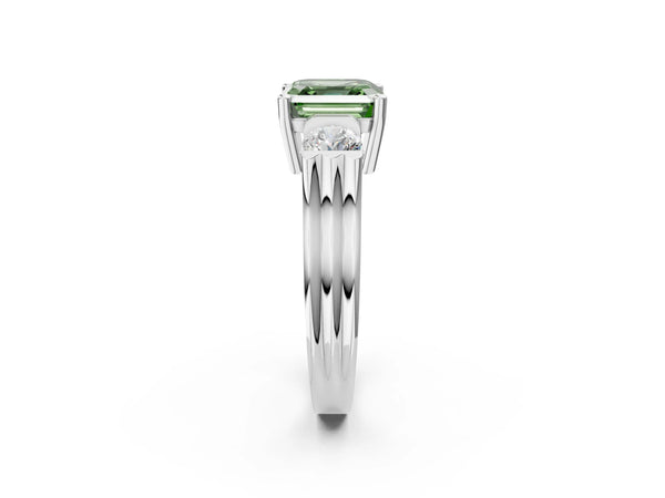 Silver Three-Stone Fancy Green Asscher Cut Classic Band Prong Setting Ring