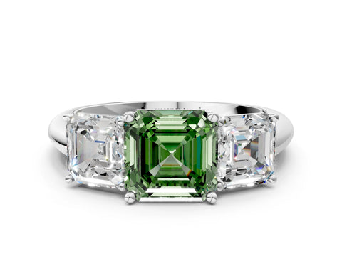 Silver Three-Stone Fancy Green Asscher Cut Cut Diamond Engagement Ring with Prong Setting on a White Gold Band_42