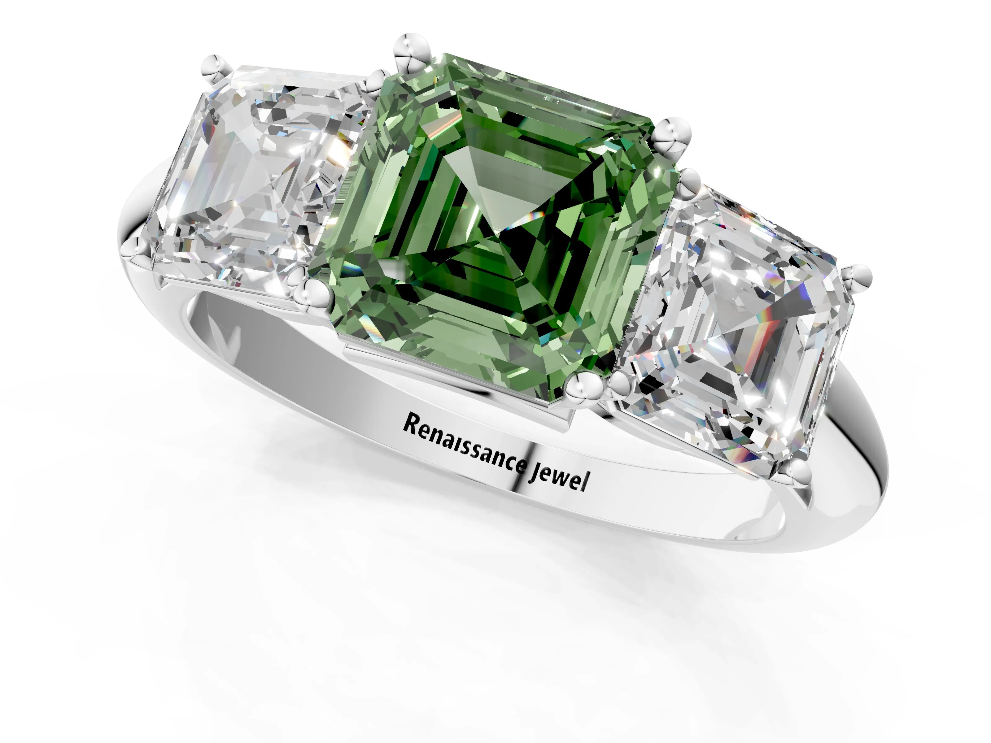 Silver Three-Stone Fancy Green Asscher Cut Cut Diamond Engagement Ring with Prong Setting on a White Gold Band_43