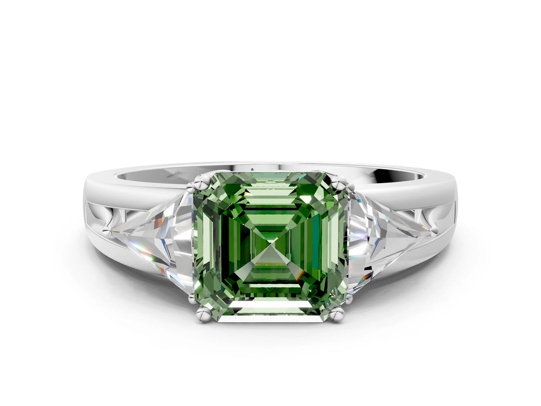 Silver Three-Stone Fancy Green Asscher Cut Cut Diamond Ring with Trillion Side Stones on a Split Shank Band_6
