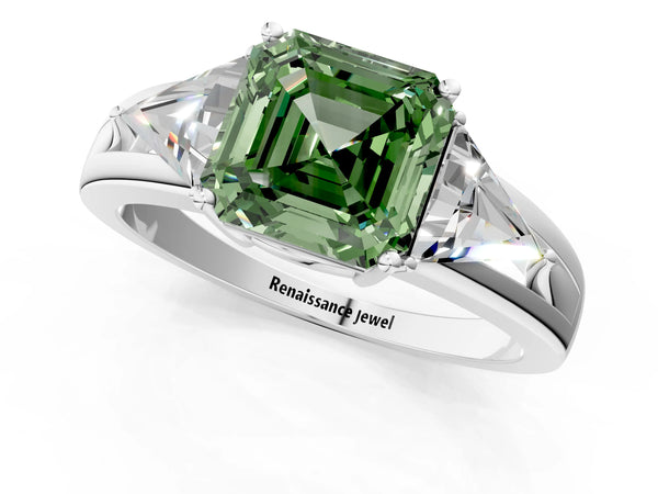 Sterling Silver Asscher Cut Split Shank Three Stone Engagement Ring Setting for Fancy Green Center