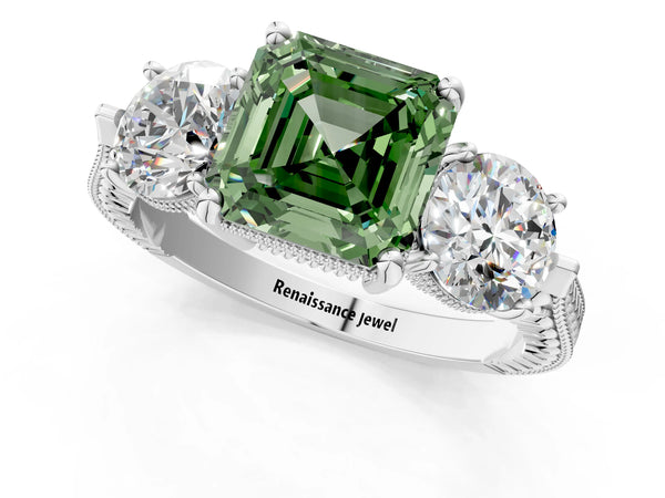Sterling Silver Asscher Cut Vintage Three Stone Engagement Ring Setting for Fancy Green Center