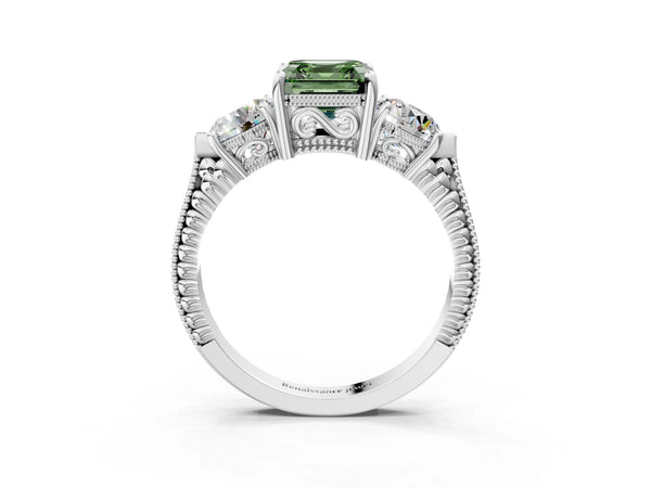 Sterling Silver Asscher Cut Vintage Three Stone Engagement Ring Setting for Fancy Green Center