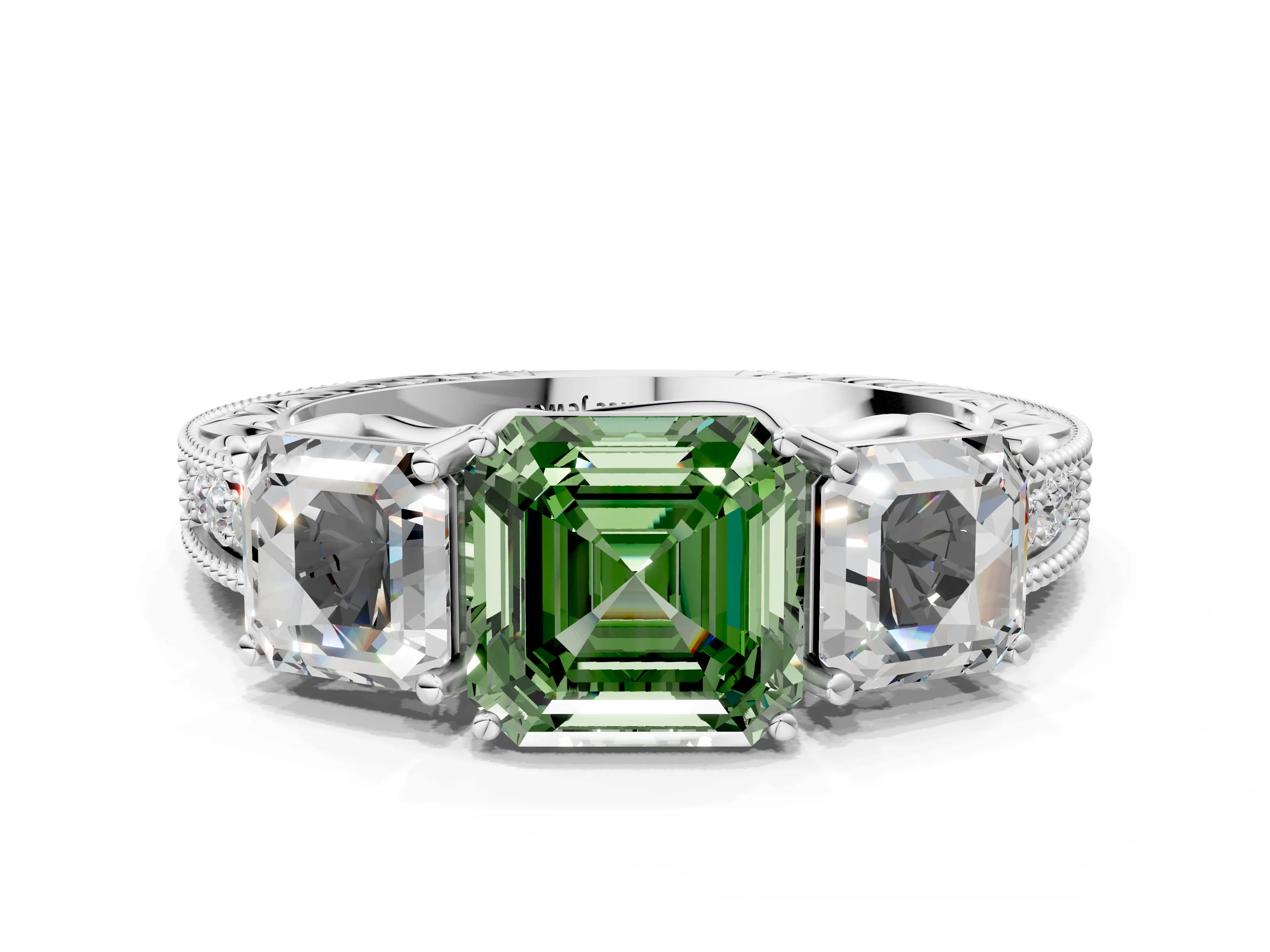 Silver Three-Stone Fancy Green Asscher Cut Cut Milgrain Pavé Engagement Ring_24