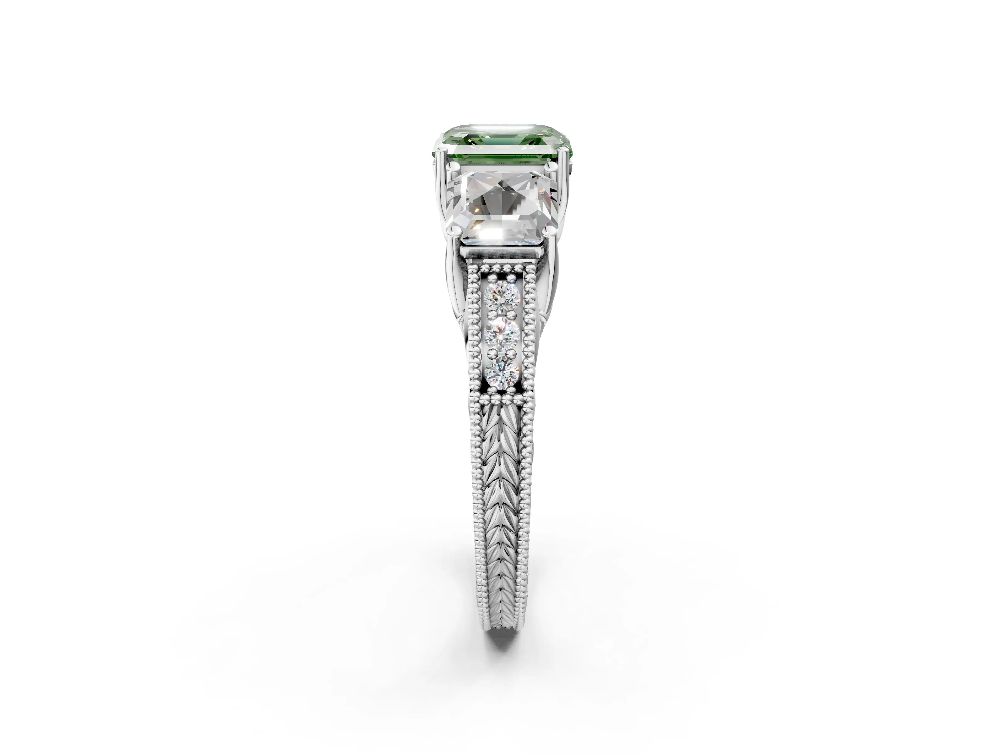 Silver Three-Stone Fancy Green Asscher Cut Cut Milgrain Pavé Engagement Ring_26