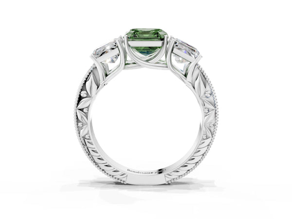 Sterling Silver Asscher Cut Engraved Three Stone Engagement Ring Setting for Fancy Green Center
