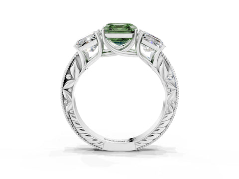 Silver Three-Stone Fancy Green Asscher Cut Cut Milgrain Pavé Engagement Ring_27