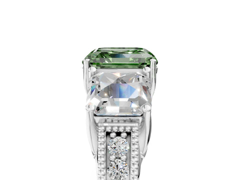 Silver Three-Stone Fancy Green Asscher Cut Cut Milgrain Pavé Engagement Ring_29