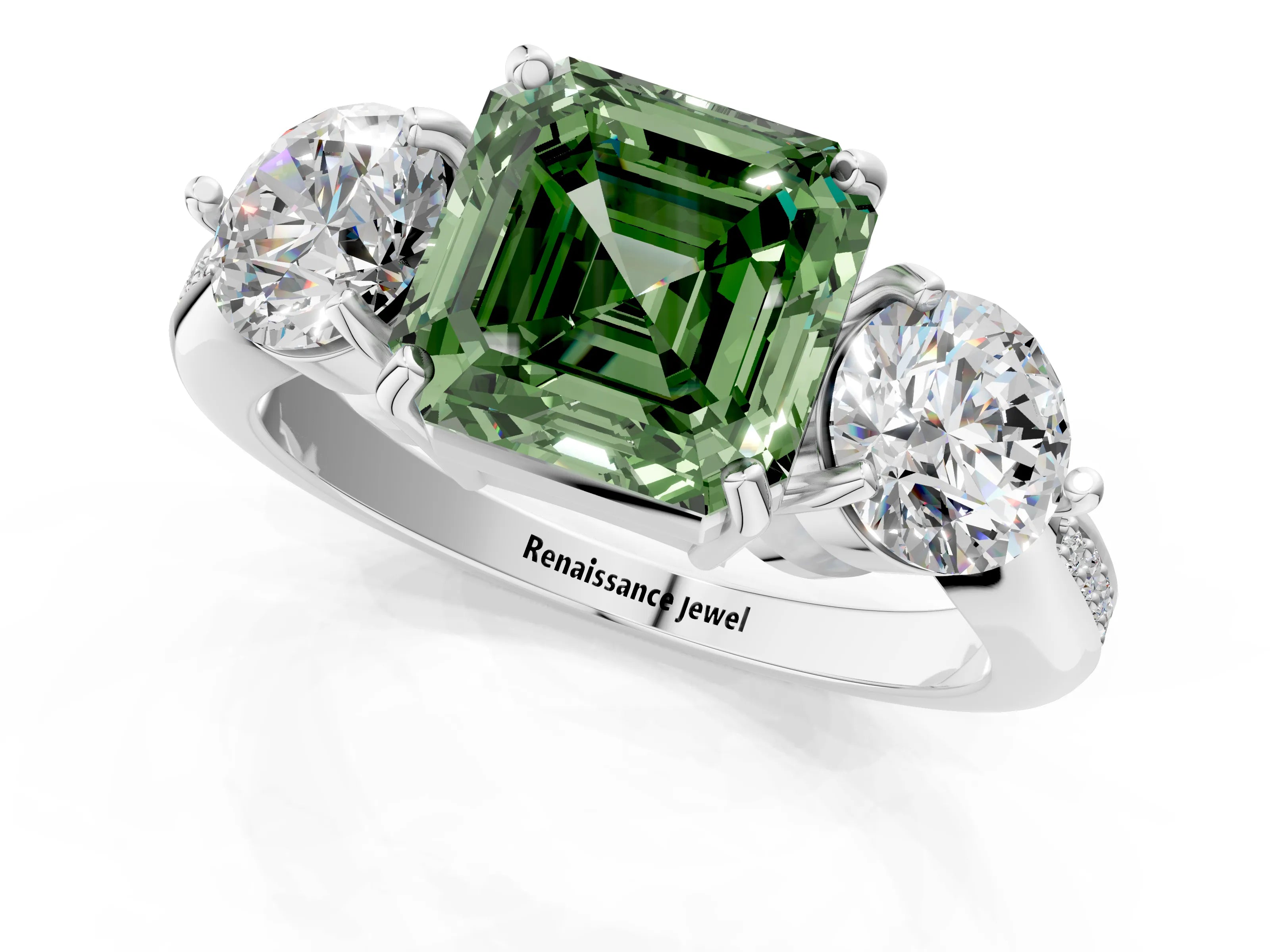 Silver Three-Stone Fancy Green Asscher Cut Diamond Channel Set Engagement Ring with Prong Setting_25