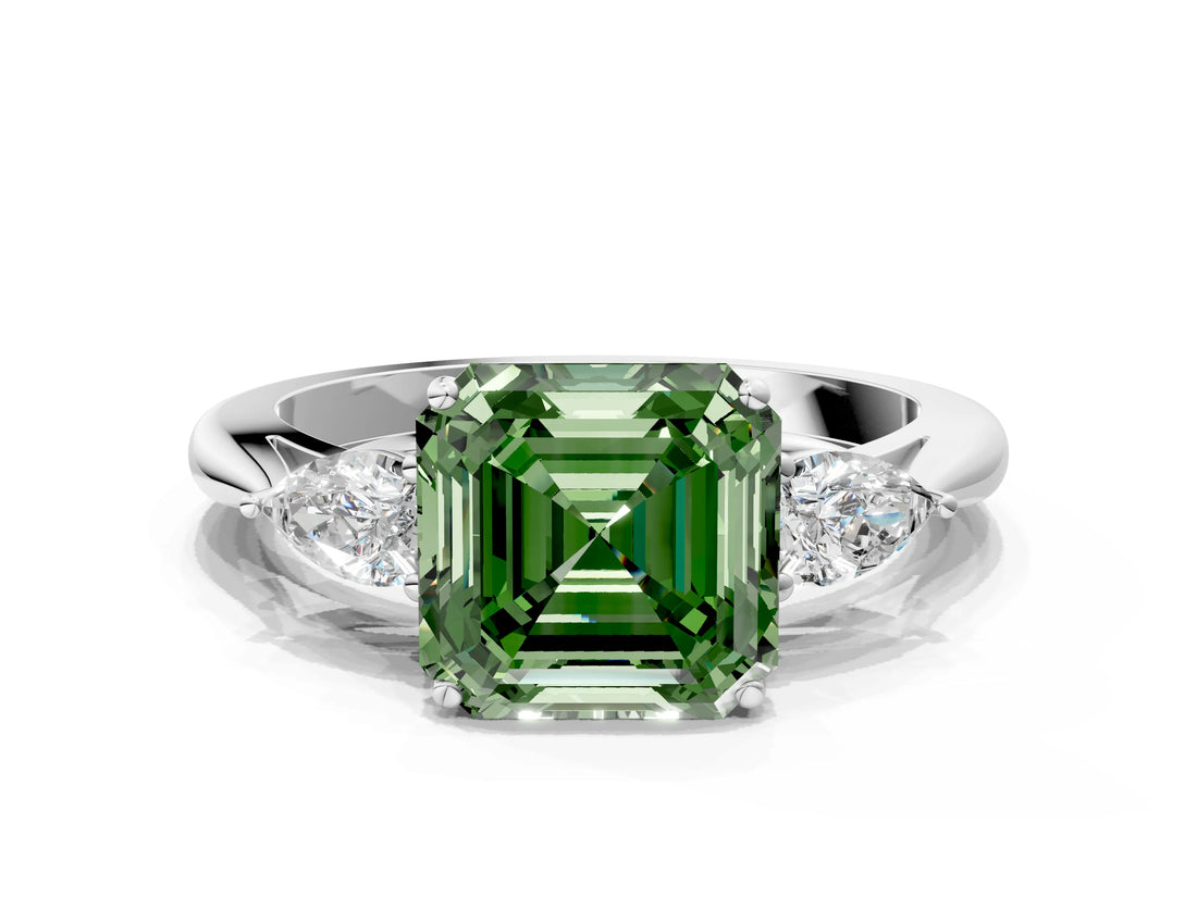 Silver Three-Stone Fancy Green Asscher Cut Diamond Ring with Pear  Side Stones in Four-Prong Setting_12