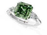 Silver Three-Stone Fancy Green Asscher Cut Diamond Ring with Pear  Side Stones in Four-Prong Setting_13