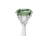 Silver Three-Stone Fancy Green Asscher Cut Diamond Ring with Pear  Side Stones in Four-Prong Setting_17