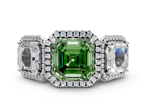Silver Three-Stone Fancy Green Asscher Cut Halo Diamond Ring with Pave Band and Four-Prong Setting