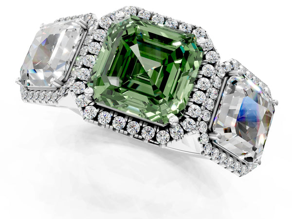 Silver Three-Stone Fancy Green Asscher Cut Halo Diamond Ring with Pave Band and Four-Prong Setting