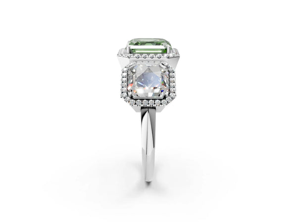Silver Three-Stone Fancy Green Asscher Cut Halo Diamond Ring with Pave Band and Four-Prong Setting
