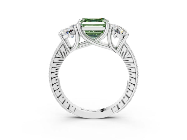 Sterling Silver Asscher Cut Three-Stone Engagement Ring Setting for Fancy Green Center