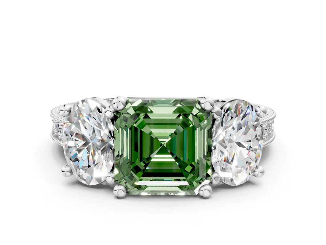 Silver Three-Stone Fancy Green Asscher  Diamond Milgrain Pave Band with Prong Setting