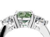 Silver Three-Stone Fancy Green Cushion  Brilliant Cut Solitaire Ring with Prong Setting on a Classic Band 4