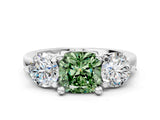 Silver Three-Stone Fancy Green Cushion  Brilliant Cut Solitaire Ring with Prong Setting on a Classic Band
