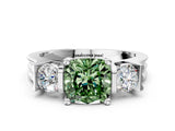 Silver Three-Stone Fancy Green Cushion Cut Cut Classic Band Prong Setting Ring_6