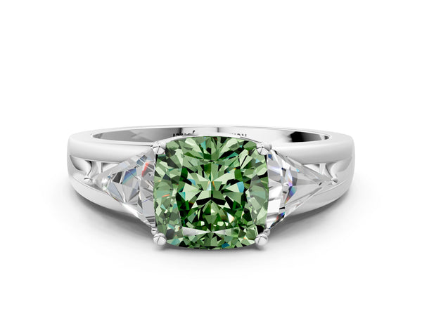 Sterling Silver Cushion Cut Split Shank Three Stone Engagement Ring Setting for Fancy Green Center