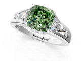 Silver Three-Stone Fancy Green Cushion Cut Cut Diamond Ring with Trillion Side Stones on a Split Shank Band_7