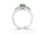 Silver Three-Stone Fancy Green Cushion Cut Cut Diamond Ring with Trillion Side Stones on a Split Shank Band_9