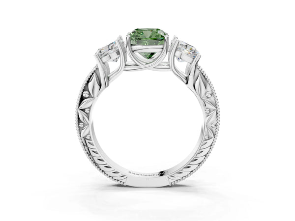 Sterling Silver Cushion Cut Engraved Three Stone Engagement Ring Setting for Fancy Green Center