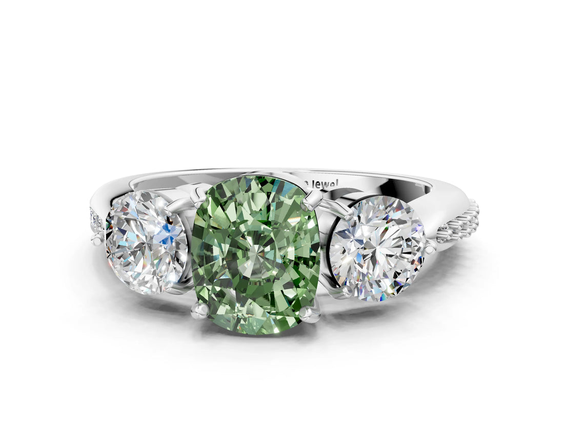 Silver Three-Stone Fancy Green Cushion Cut Diamond Channel Set Engagement Ring with Prong Setting_24