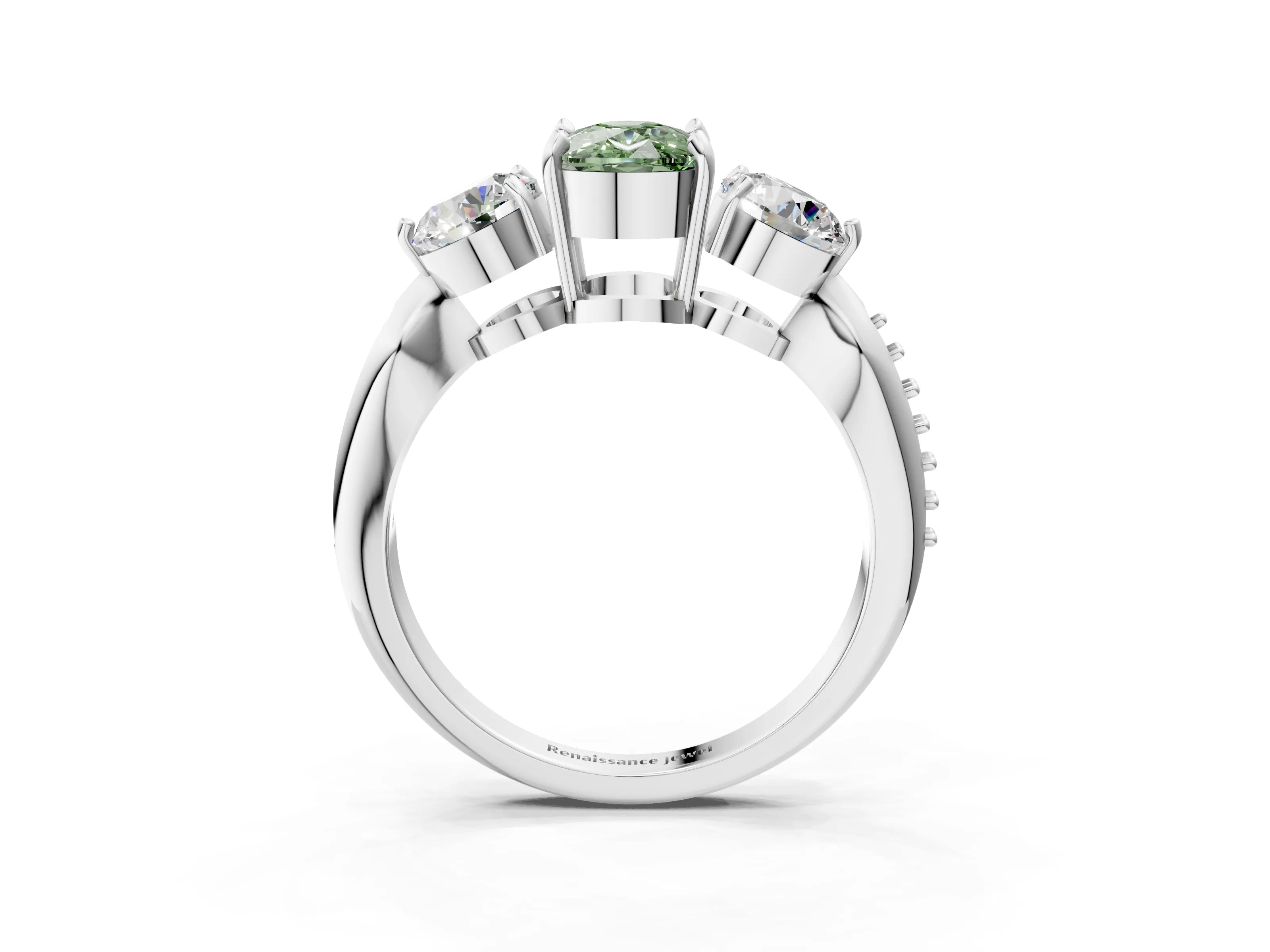 Silver Three-Stone Fancy Green Cushion Cut Diamond Channel Set Engagement Ring with Prong Setting_27