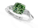 Silver Three-Stone Fancy Green Cushion Cut Diamond Ring with Pear  Side Stones in Four-Prong Setting_13