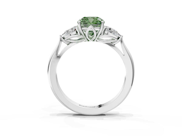 Sterling Silver Cushion Cut Engagement Ring Setting for Fancy Green Center with Pear Side Stones