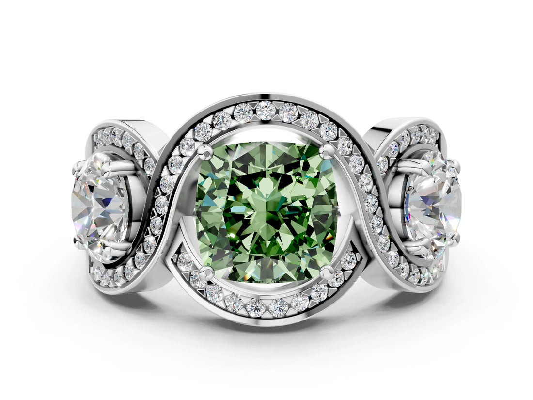 Silver Three-Stone Fancy Green Cushion Cut Diamond Wave Pave Band with Prong Setting_78