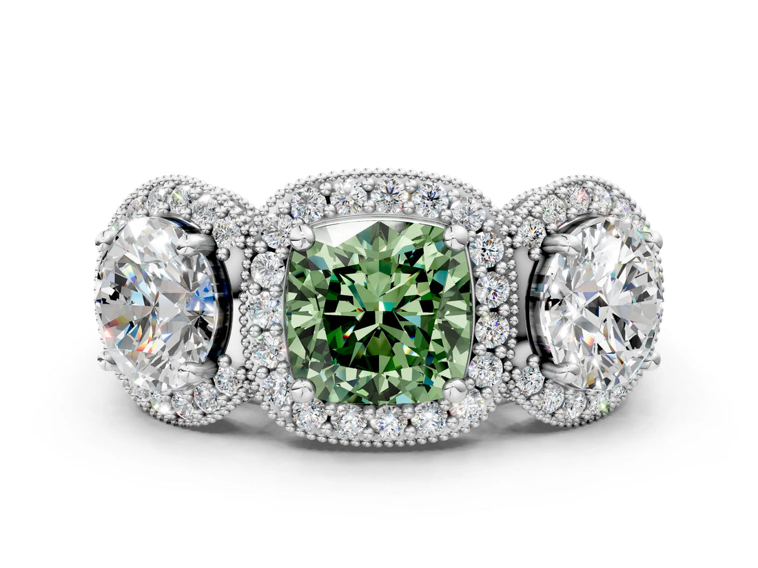 Silver Three-Stone Fancy Green Cushion Cut Halo Diamond Milgrain Band with Four-Prong Setting_12