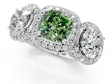 Silver Three-Stone Fancy Green Cushion Cut Halo Diamond Milgrain Band with Four-Prong Setting_13