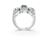 Silver Three-Stone Fancy Green Cushion Cut Halo Diamond Milgrain Band with Four-Prong Setting_15