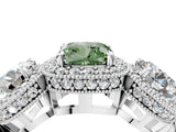 Silver Three-Stone Fancy Green Cushion Cut Halo Diamond Milgrain Band with Four-Prong Setting_16