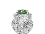 Silver Three-Stone Fancy Green Cushion Cut Halo Diamond Milgrain Band with Four-Prong Setting_17